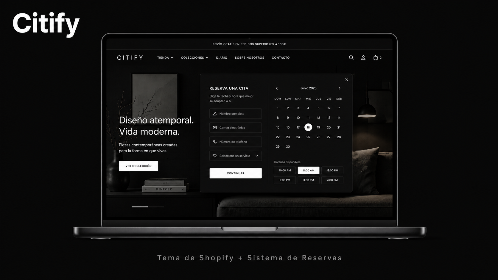 Mockup del tema Citify con sistema de reservas integrado